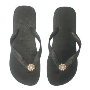 HAVIANAS GRAY  FLIP FLOP SANDALS WITH PEARL BEADED DETAILS SIZE 6 (37-38)